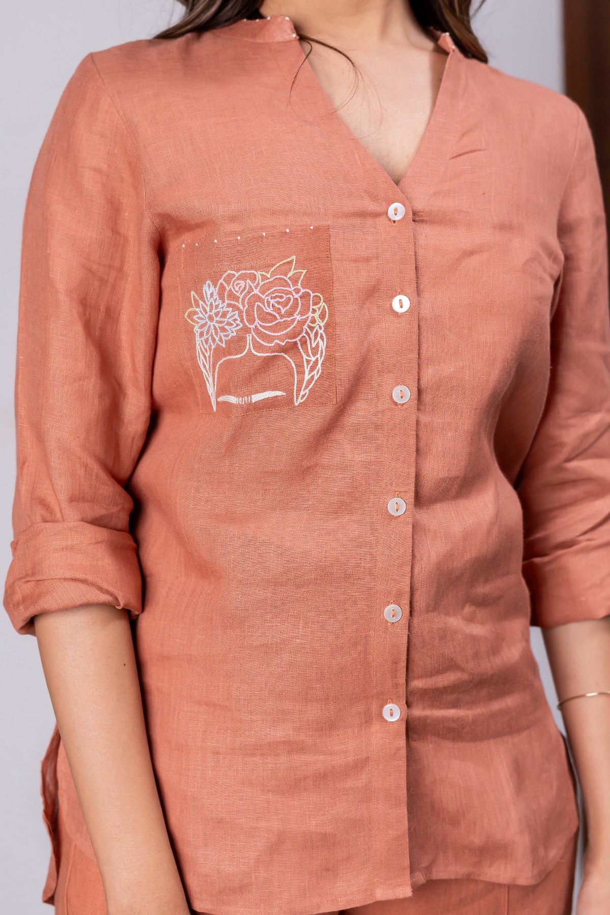 Pamela Linen Shirt With Patch Pocket – Sand Brown