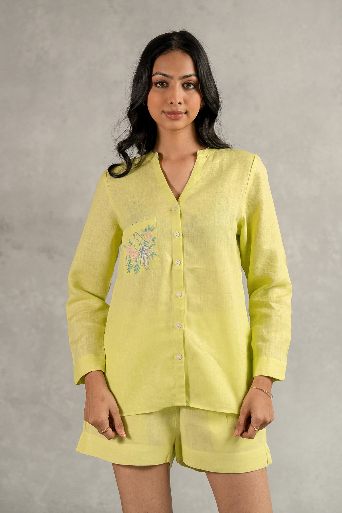 Pamela Linen Shirt with Patch Pocket - Lime