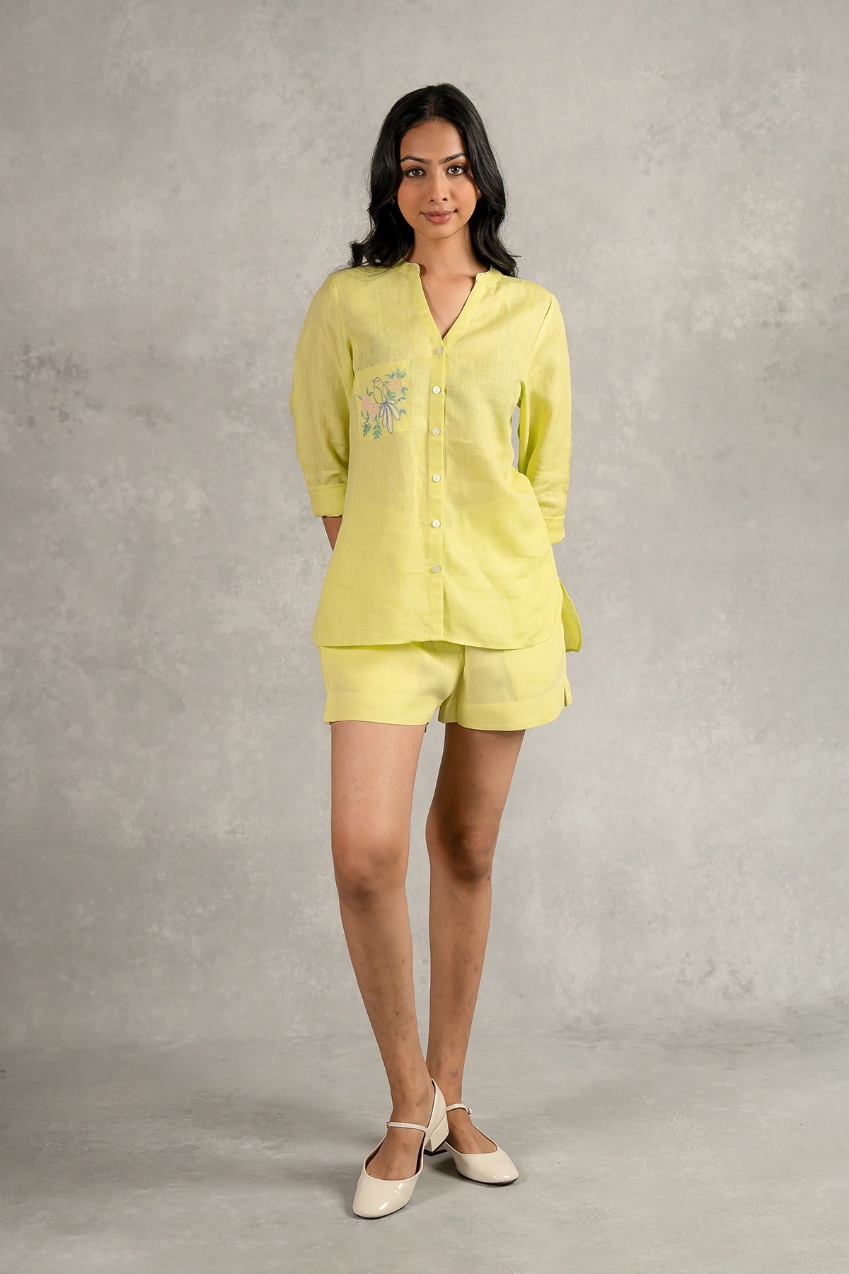 Pamela Linen Shirt with Patch Pocket - Lime