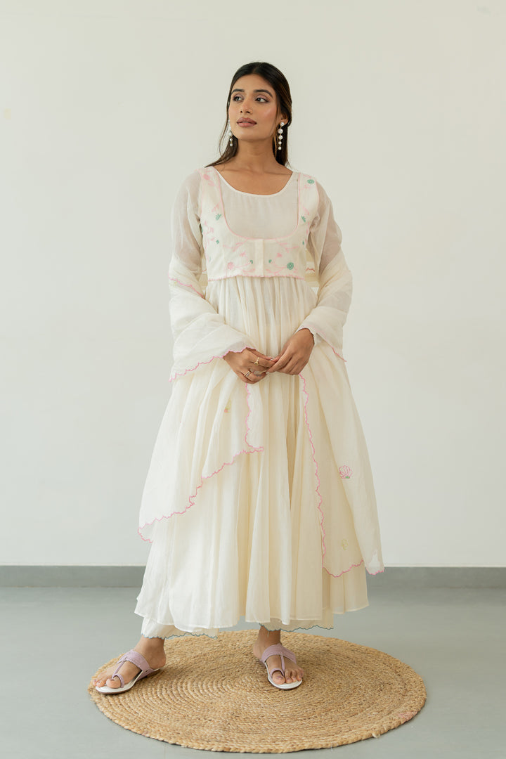 Chanderi Pintuck Cutwork Dress- Ivory White