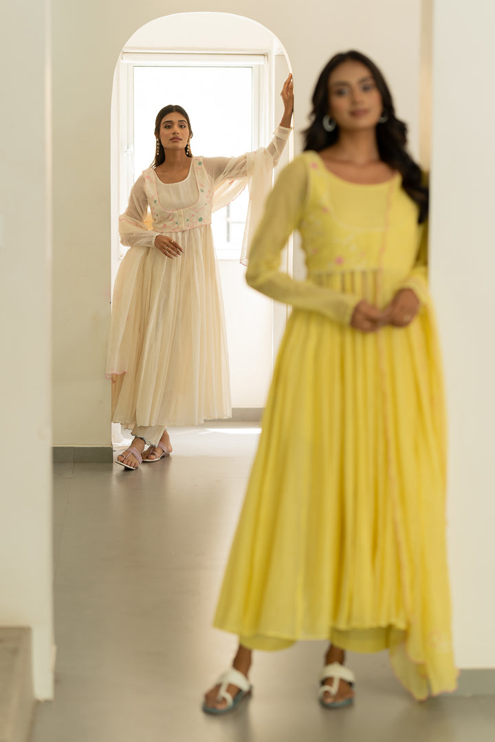 Chanderi Pintuck Cutwork Dress- Ivory White