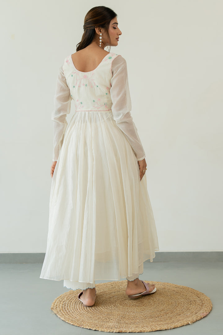 Chanderi Pintuck Cutwork Dress- Ivory White