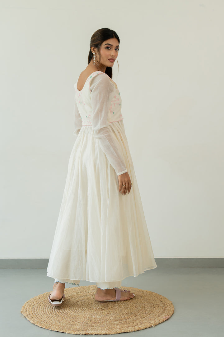 Chanderi Pintuck Cutwork Dress- Ivory White