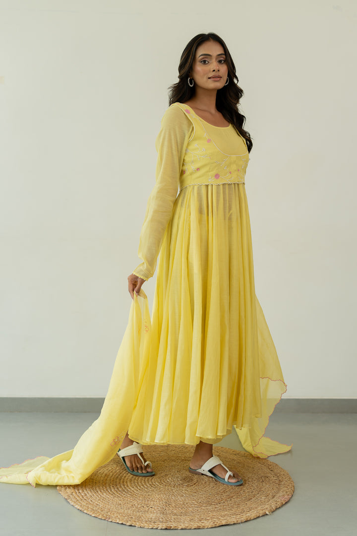 Pankhudi-Chanderi-Anarkali-Kurta-and-Pant-Set-Lemon-Yellow-