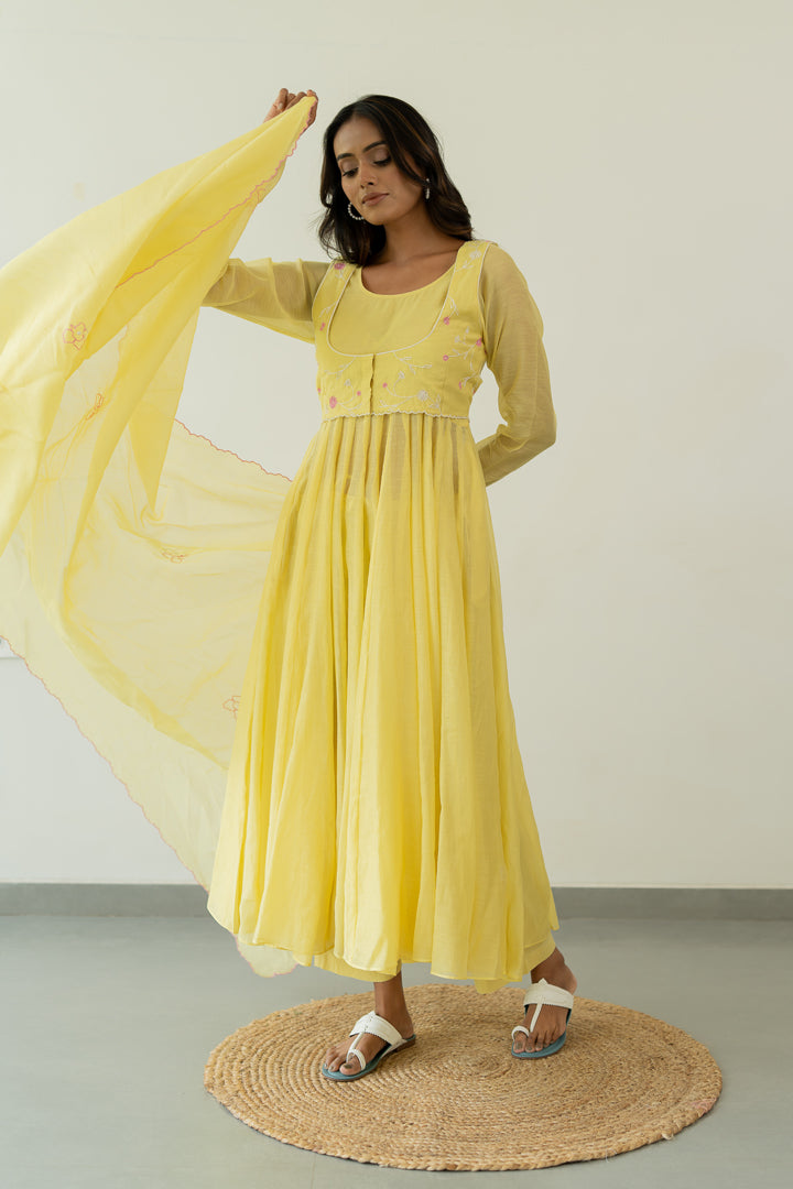 Pankhudi-Chanderi-Anarkali-Kurta-and-Pant-Set-Lemon-Yellow-