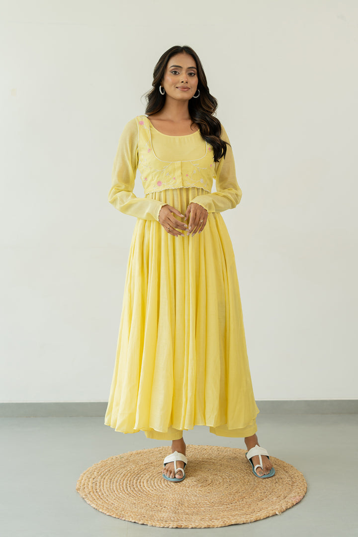 Pankhudi-Chanderi-Anarkali-Kurta-and-Pant-Set-Lemon-Yellow-