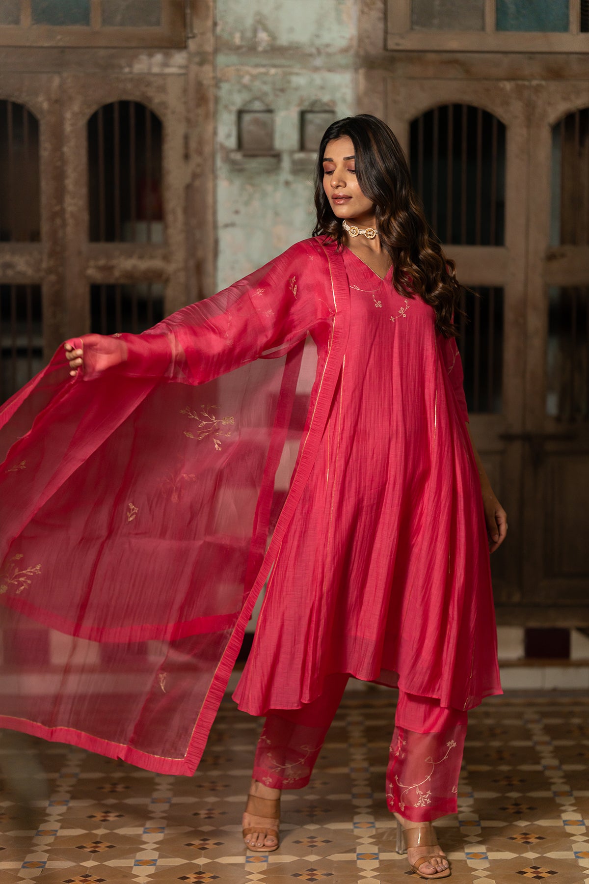 Phool Jali Silk Organza Dupatta - Pink