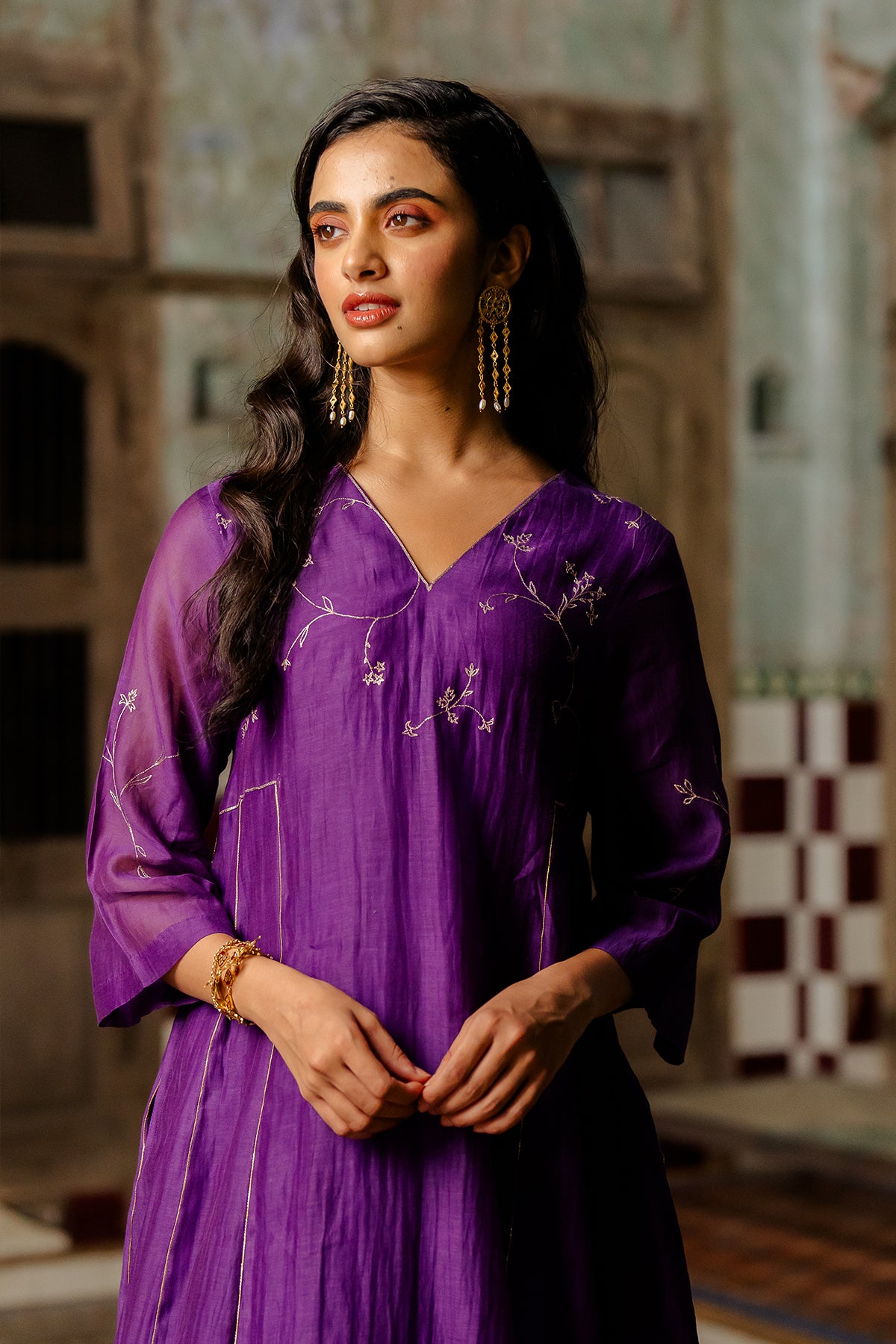 Phool Jhali Chanderi Silk Side Kali Kurta with Pants - Jamuni