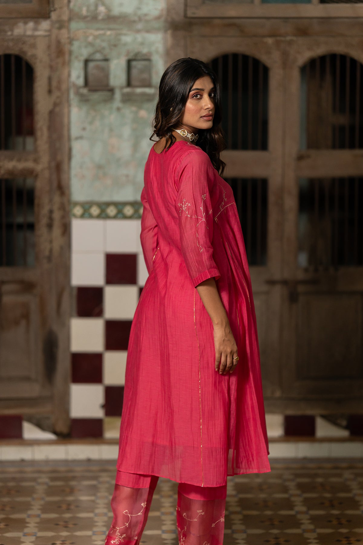 Phool Jhali Chanderi Silk Side Kali Kurta with Pants - Pink