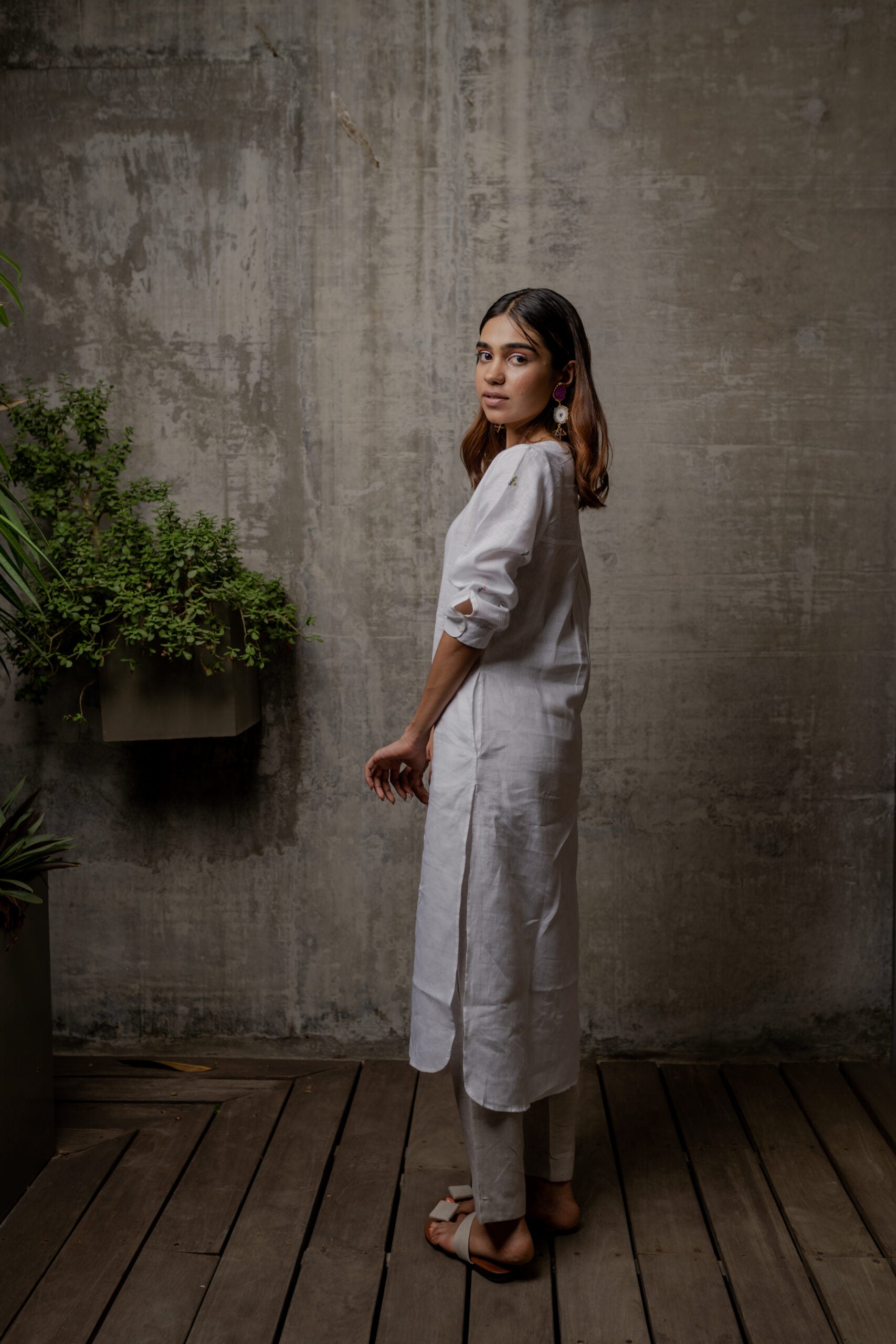 Janice Linen Half Placket kurta - White