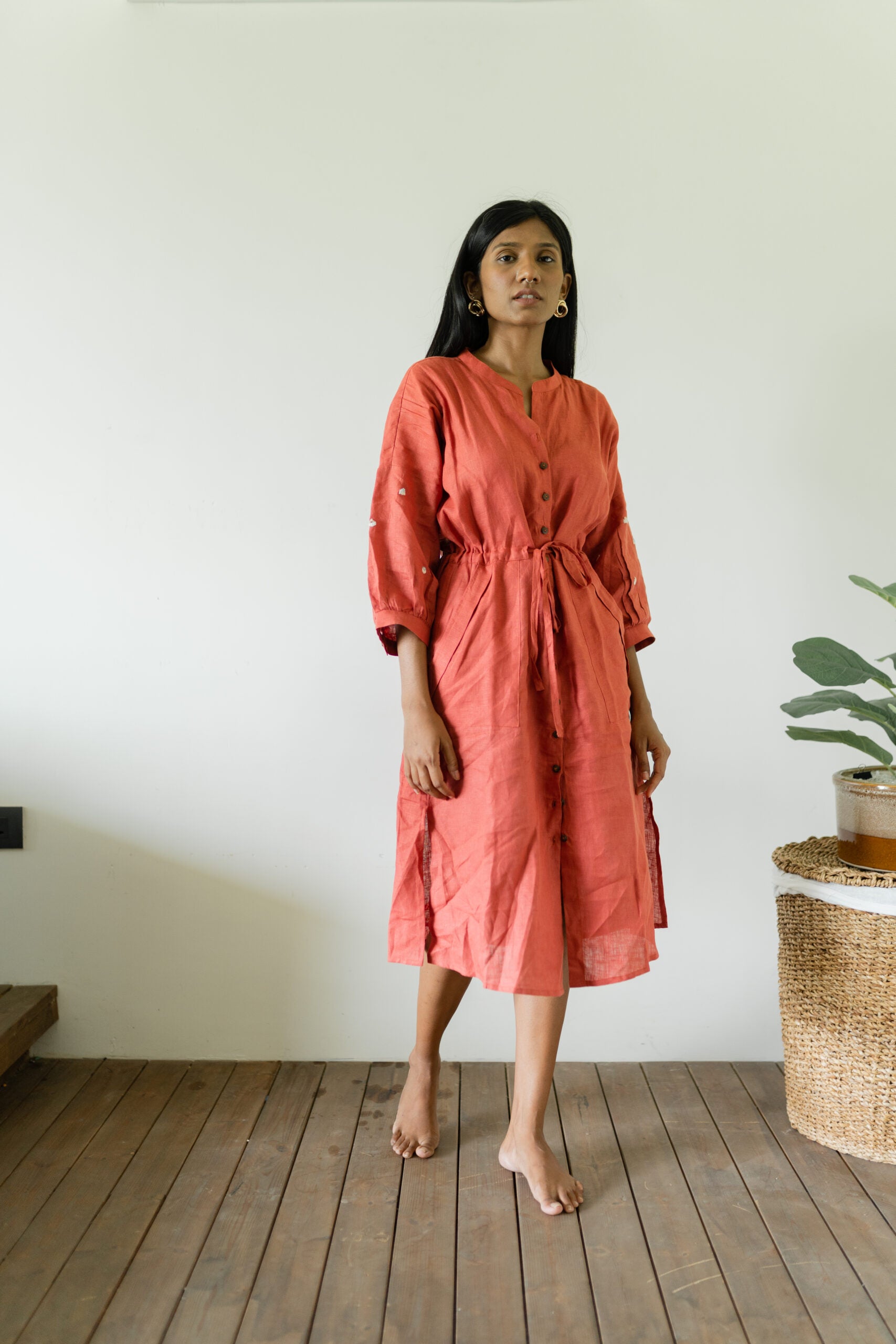 Linen Drawstring Straight Dress - Rust