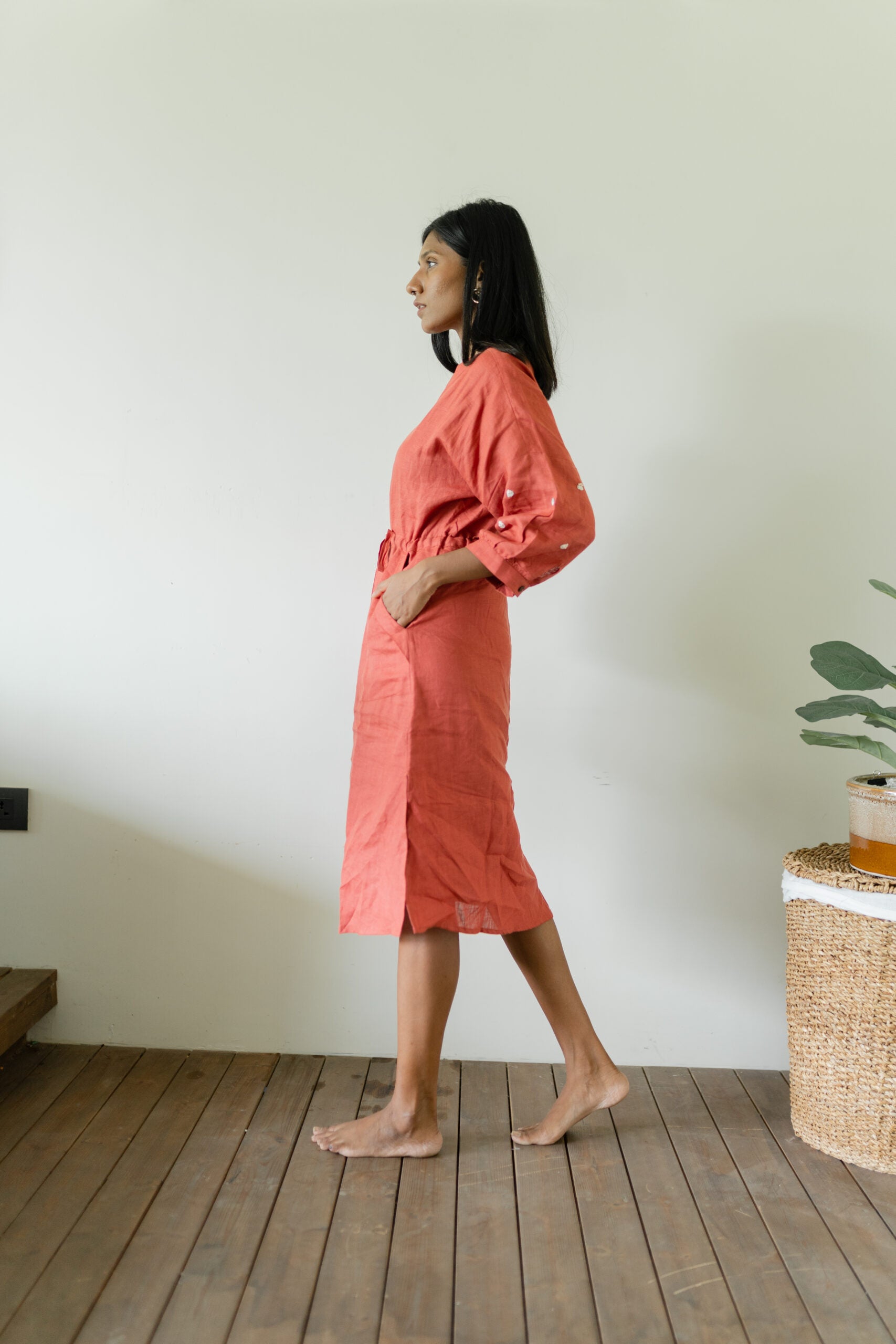 Linen Drawstring Straight Dress - Rust