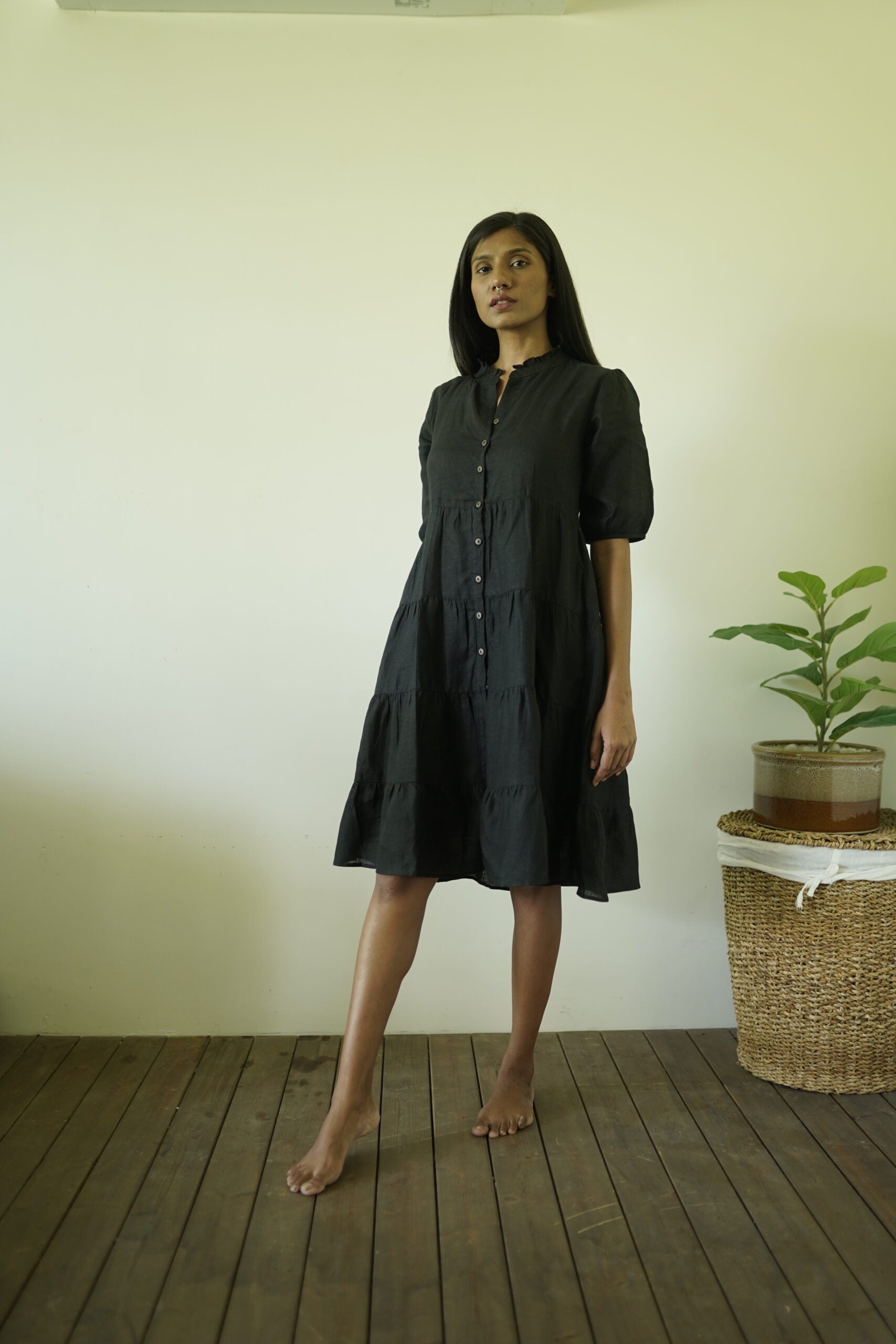 Linen Frill Collar Dress - Rust
