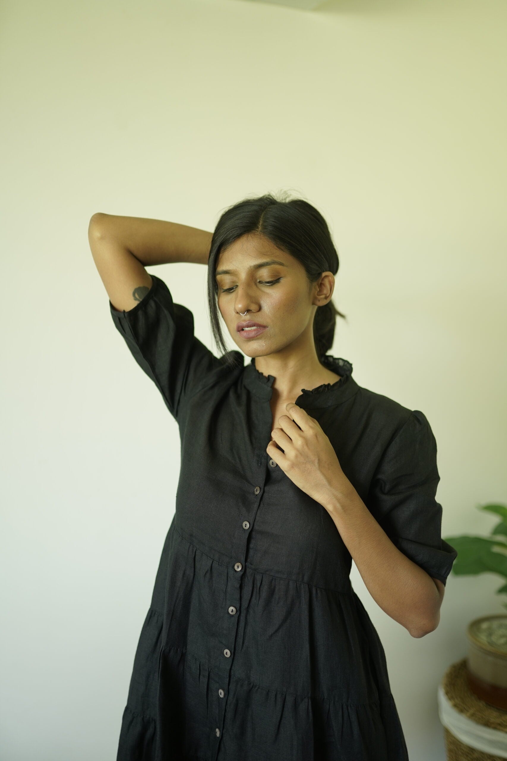 Linen Frill Collar Dress - Rust