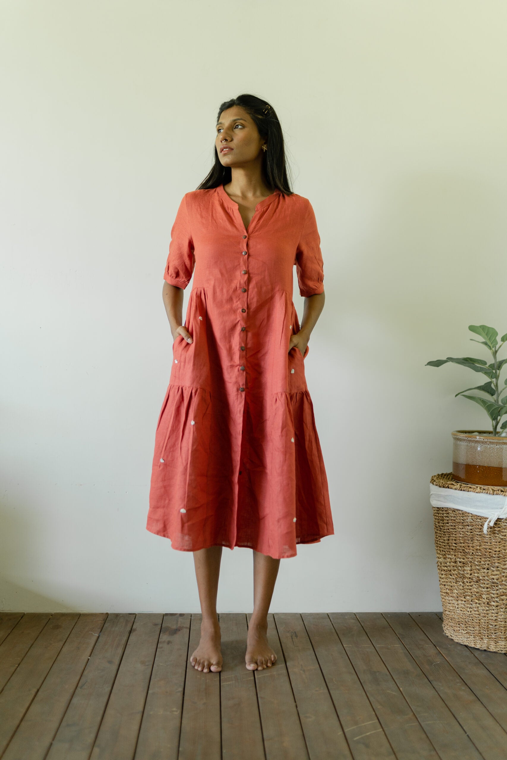 Linen Side Gather Dress - Rust