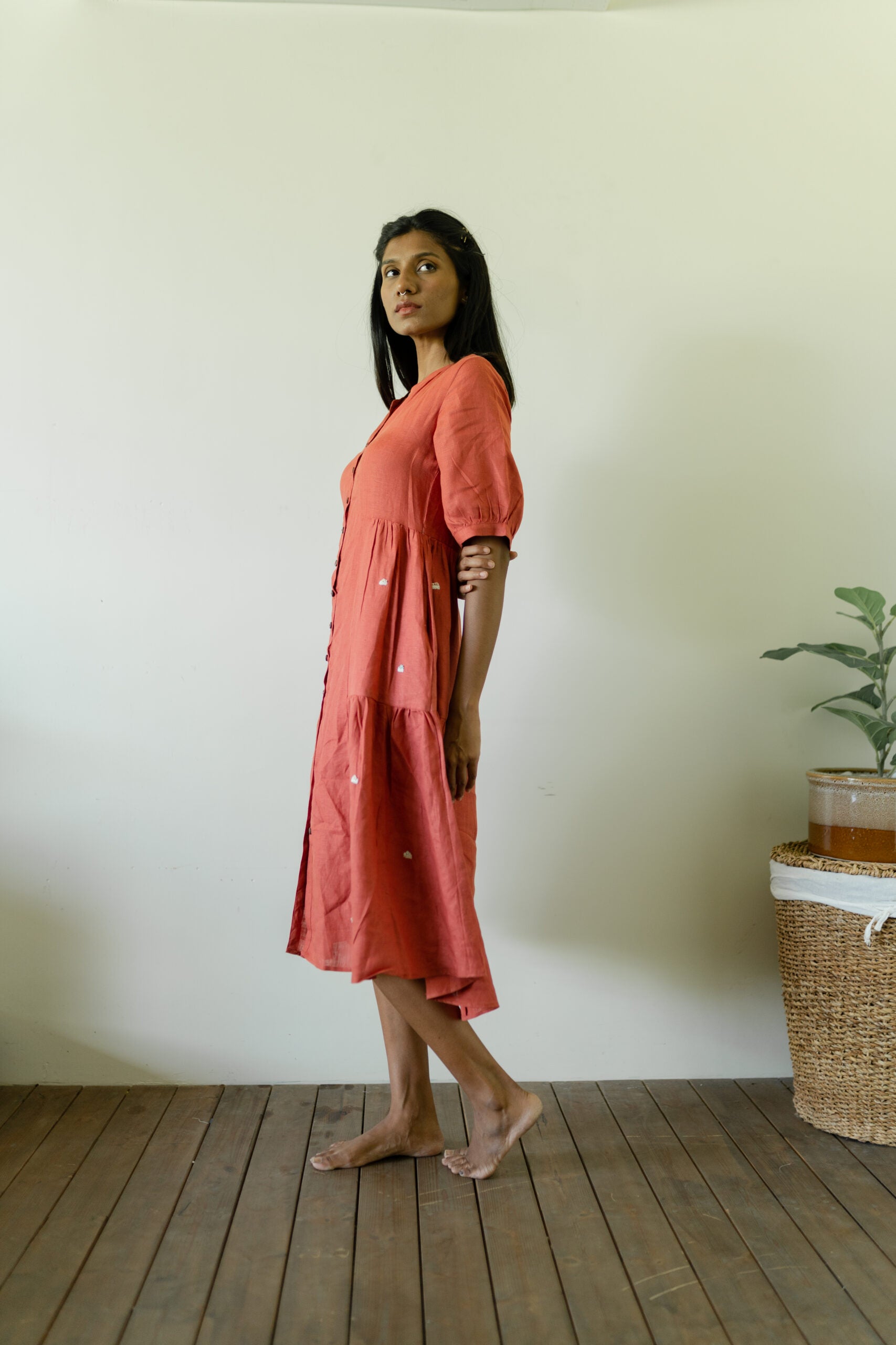Linen Side Gather Dress - Rust