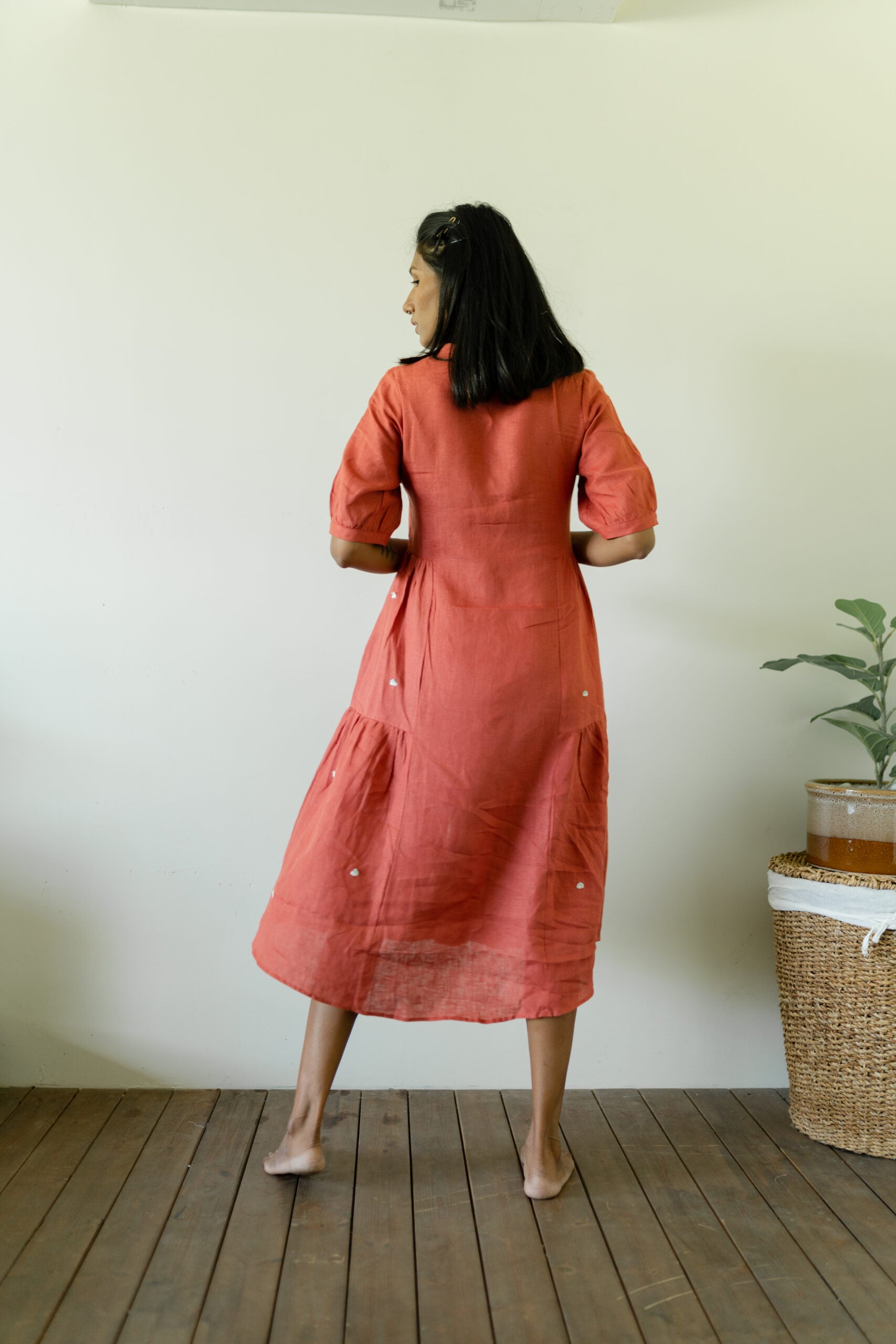 Linen Side Gather Dress - Rust