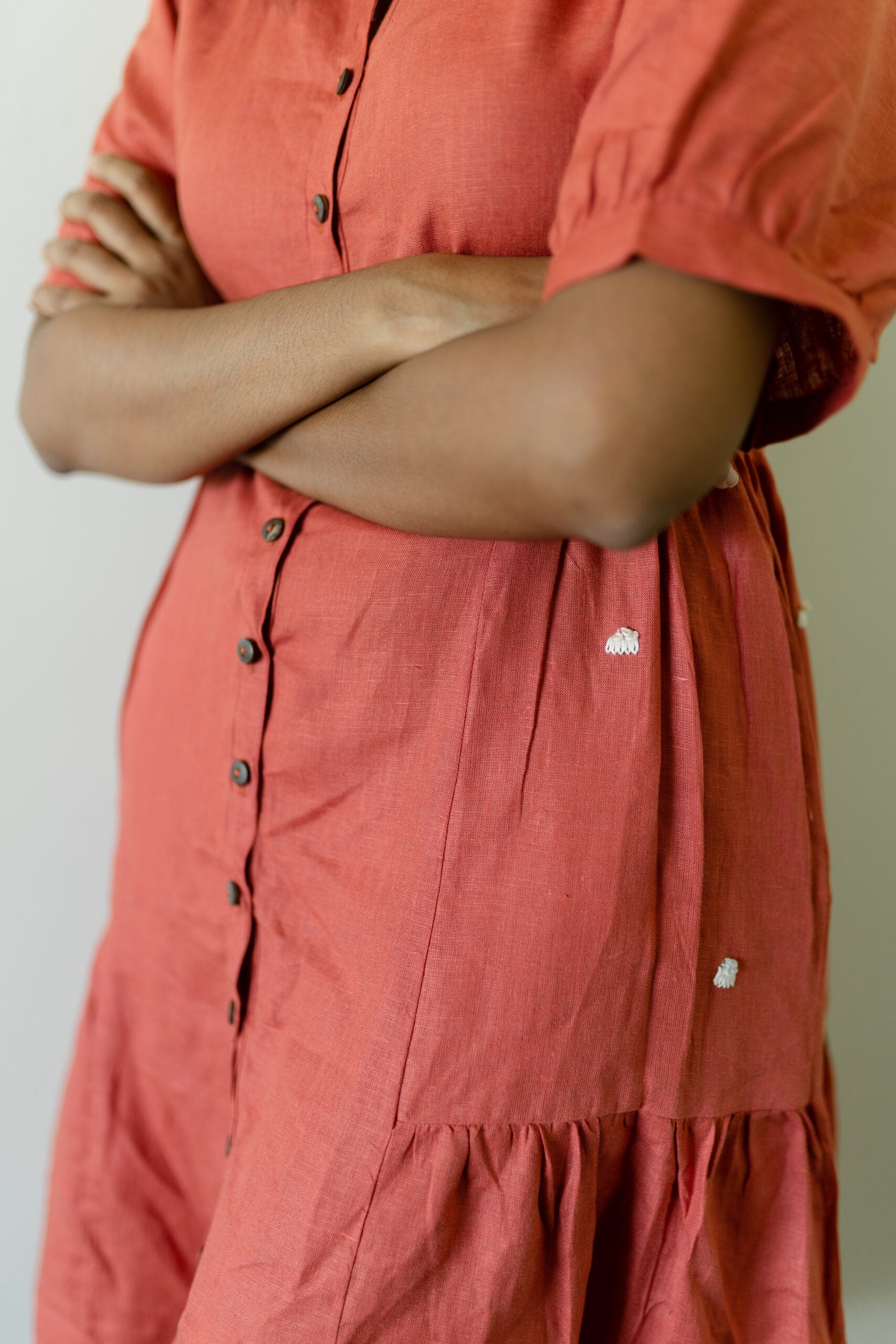 Linen Side Gather Dress - Rust