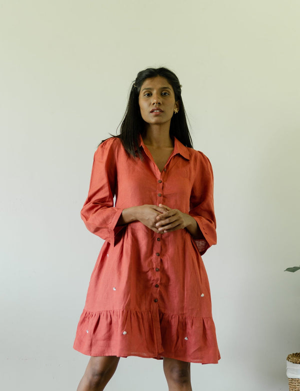 Linen Collared Short Dress - Rust