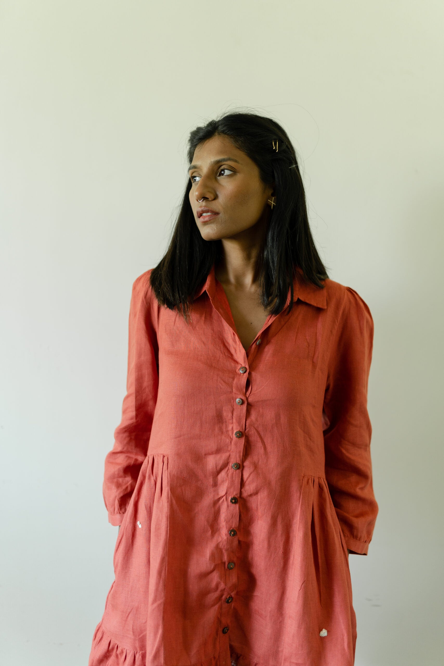Linen Collared Short Dress - Rust