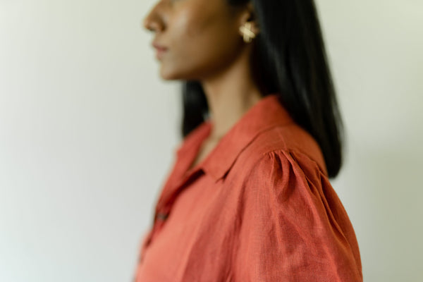 Linen Collared Short Dress - Rust