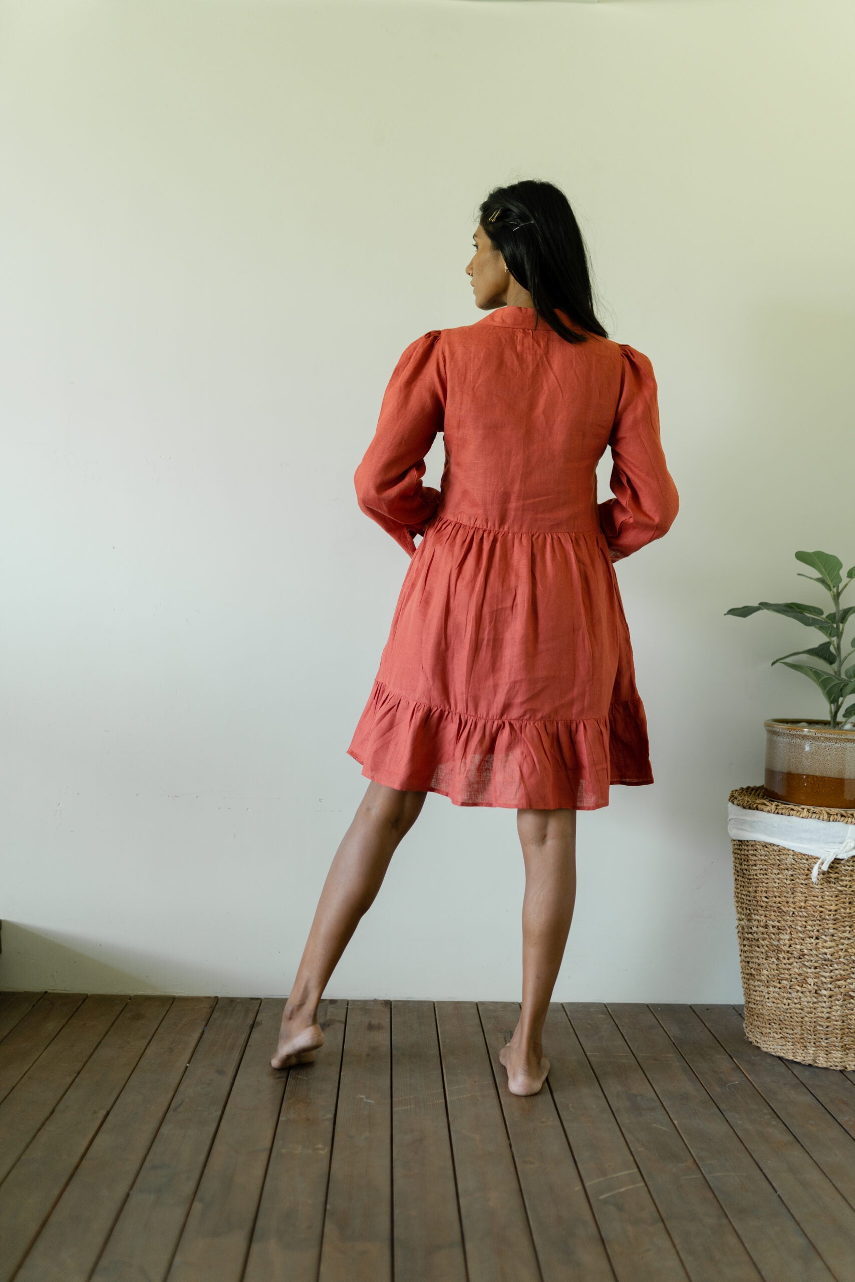 Linen Collared Short Dress - Rust