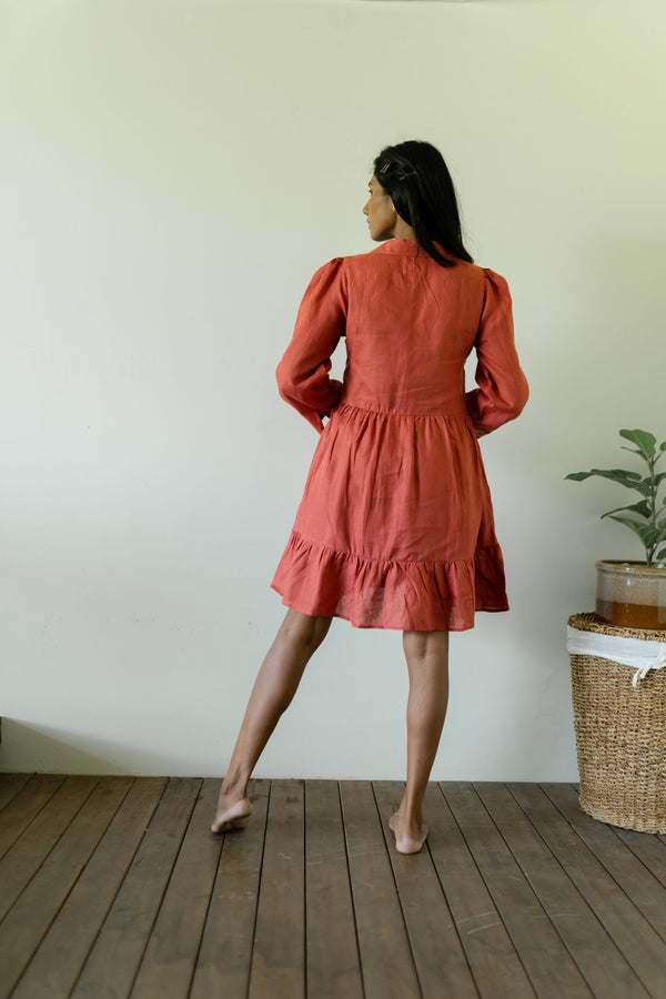 Linen Collared Short Dress - Rust