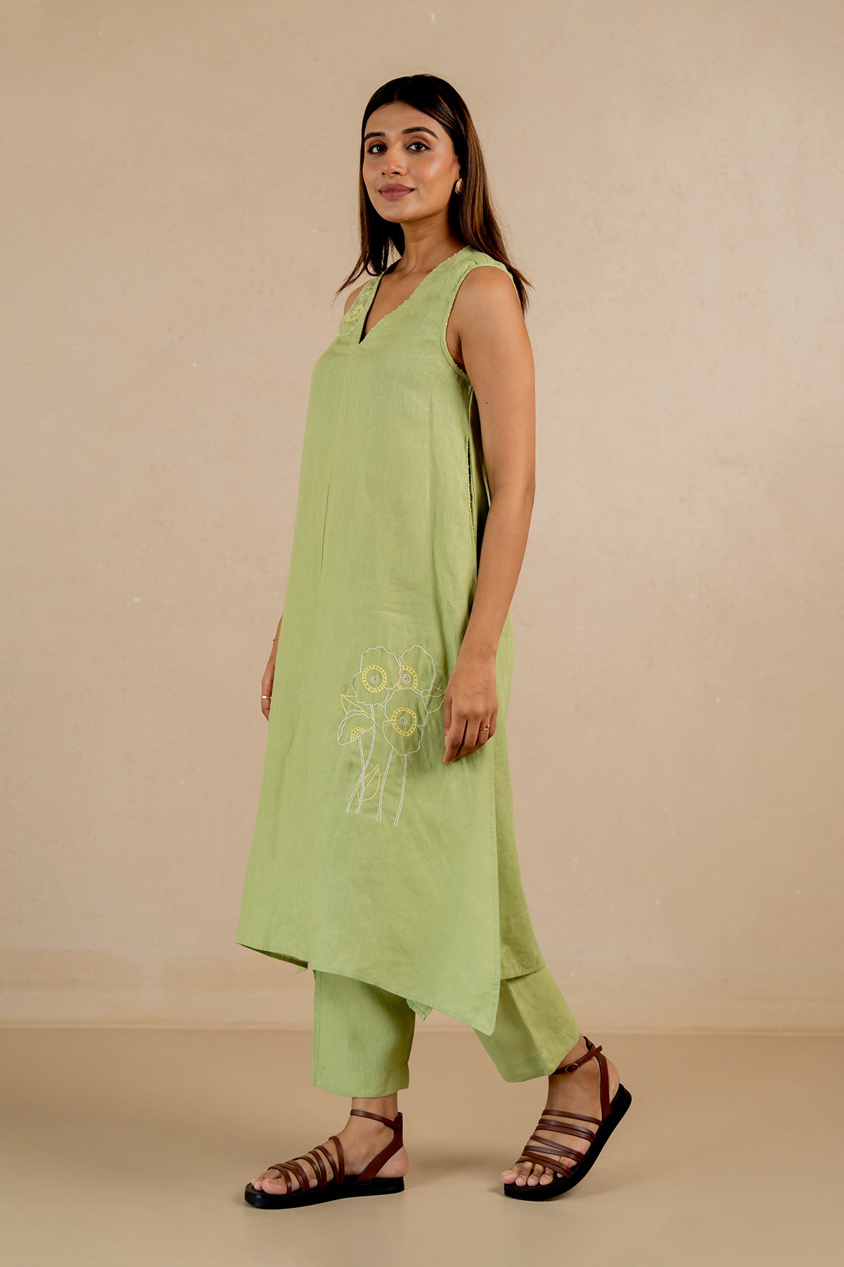 Linen Coral Raglan Short Dress- Algae Green