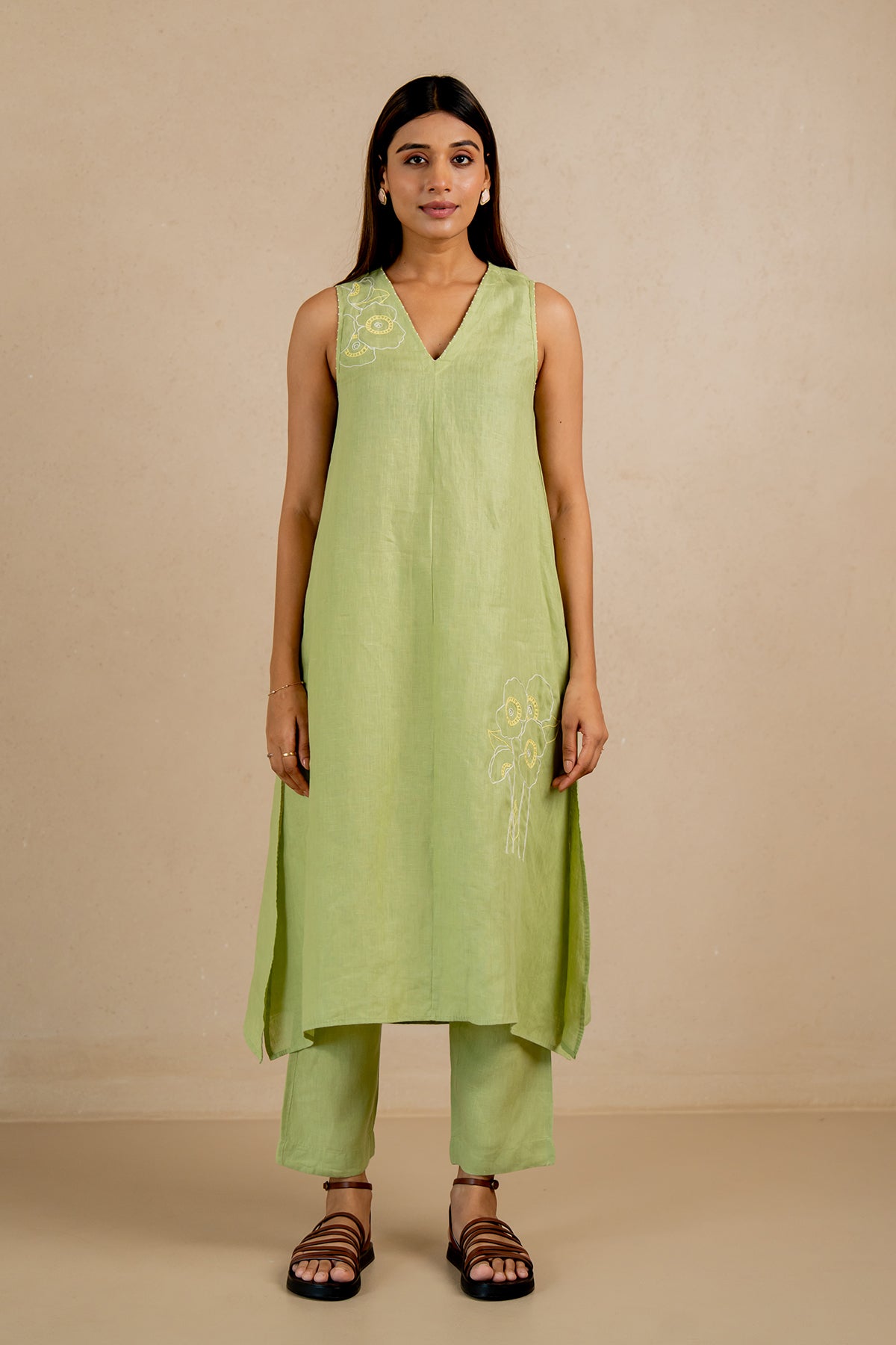 Linen Coral Raglan Short Dress- Algae Green