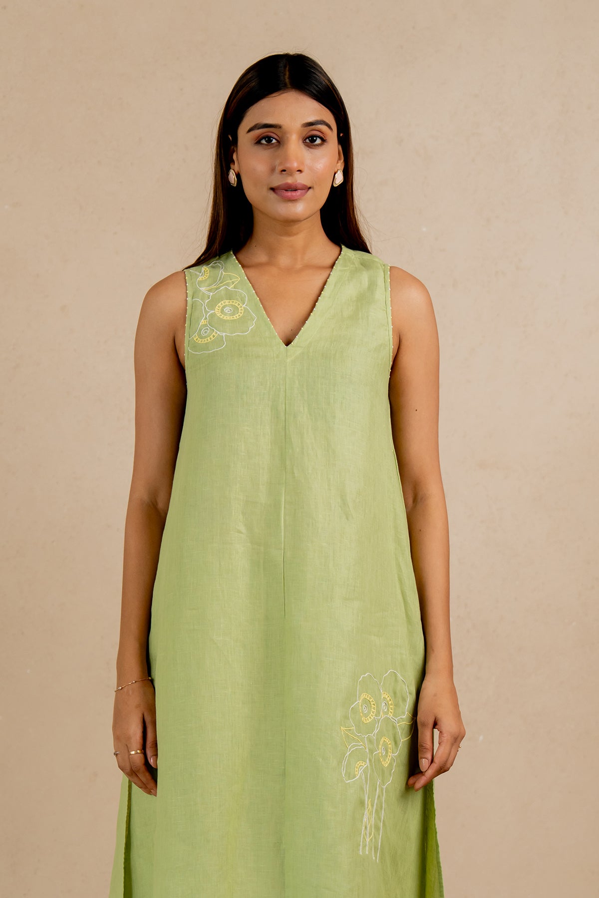 Linen Coral Raglan Short Dress- Algae Green