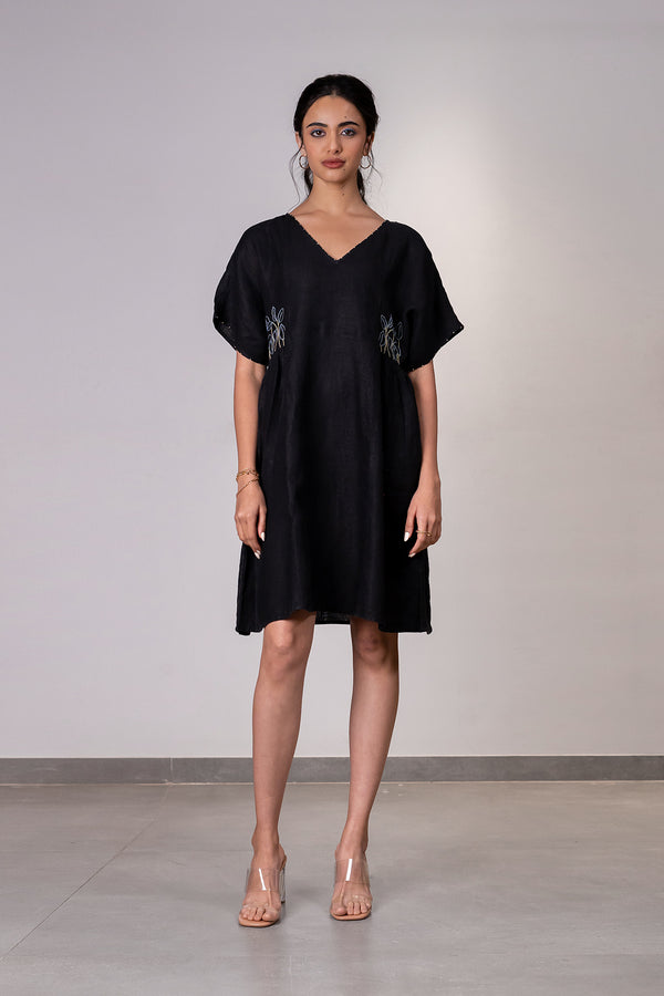 Rocio Linen Side Gather Dress with pockets - Black