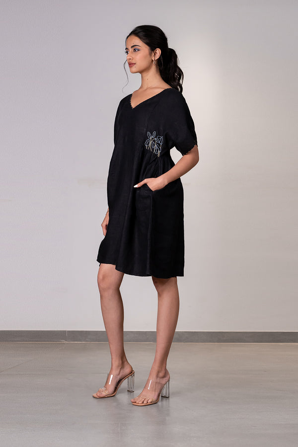 Rocio Linen Side Gather Dress with pockets - Black