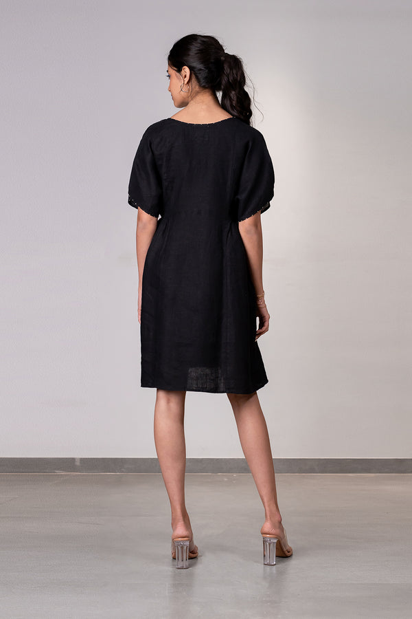 Rocio Linen Side Gather Dress with pockets - Black