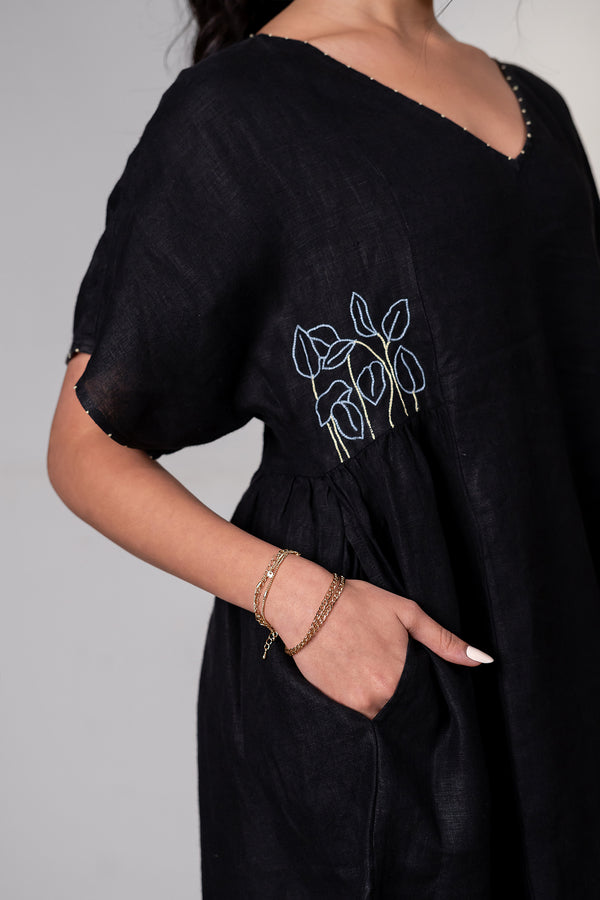 Rocio Linen Side Gather Dress with pockets - Black