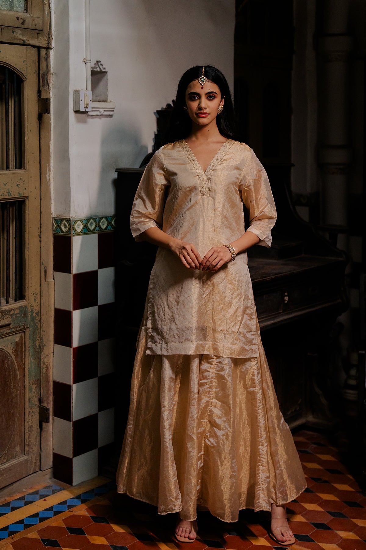 Roohi Tissue V- neck short kurta with sharara - Gold