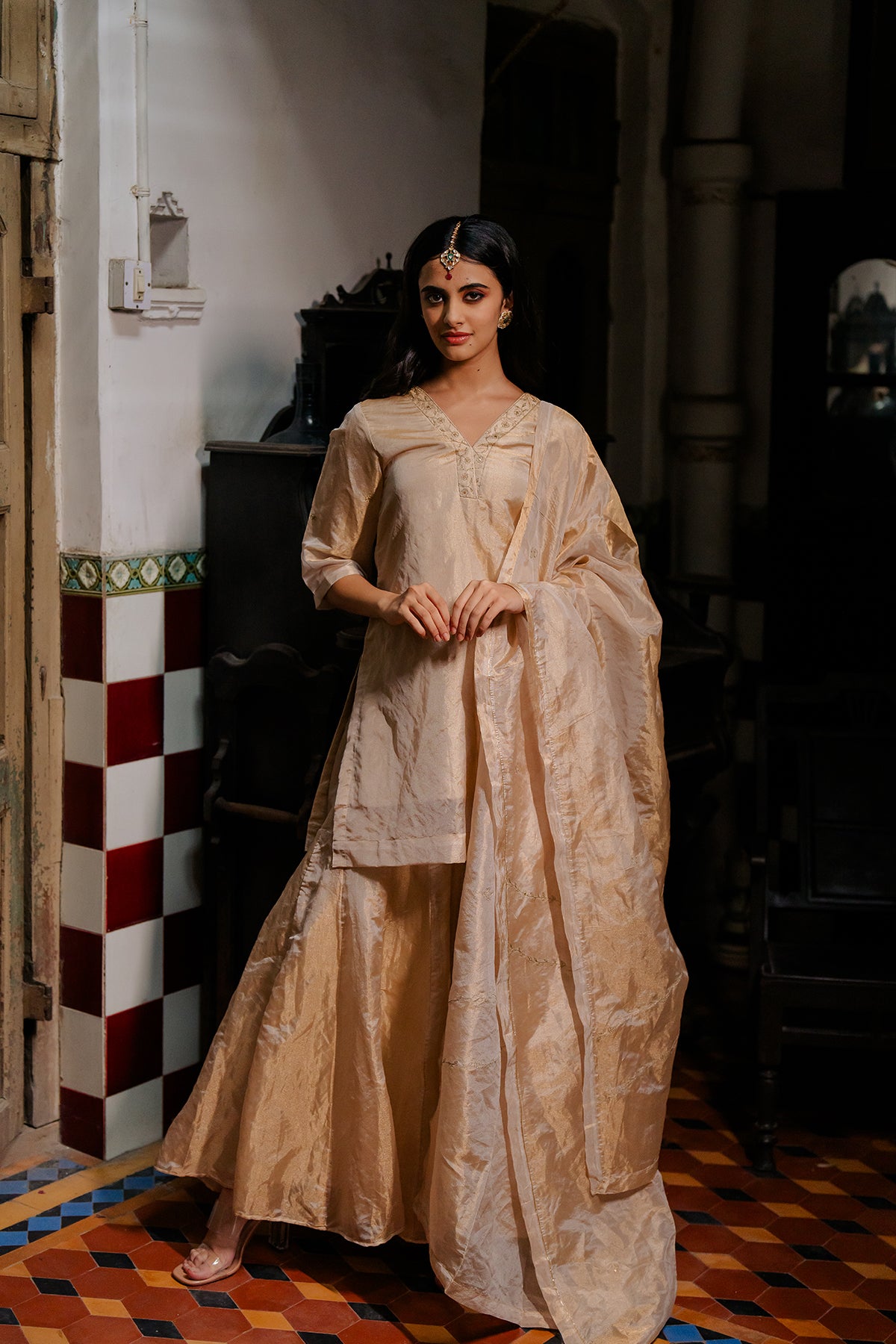 Roohi Tissue V- neck short kurta with sharara - Gold