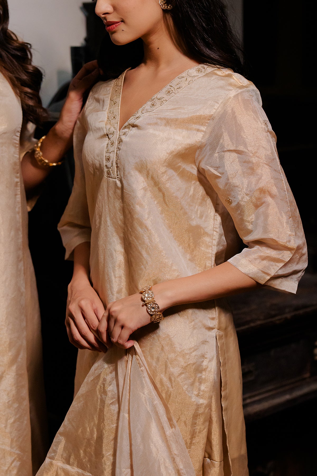 Roohi Tissue V- neck short kurta with sharara - Gold