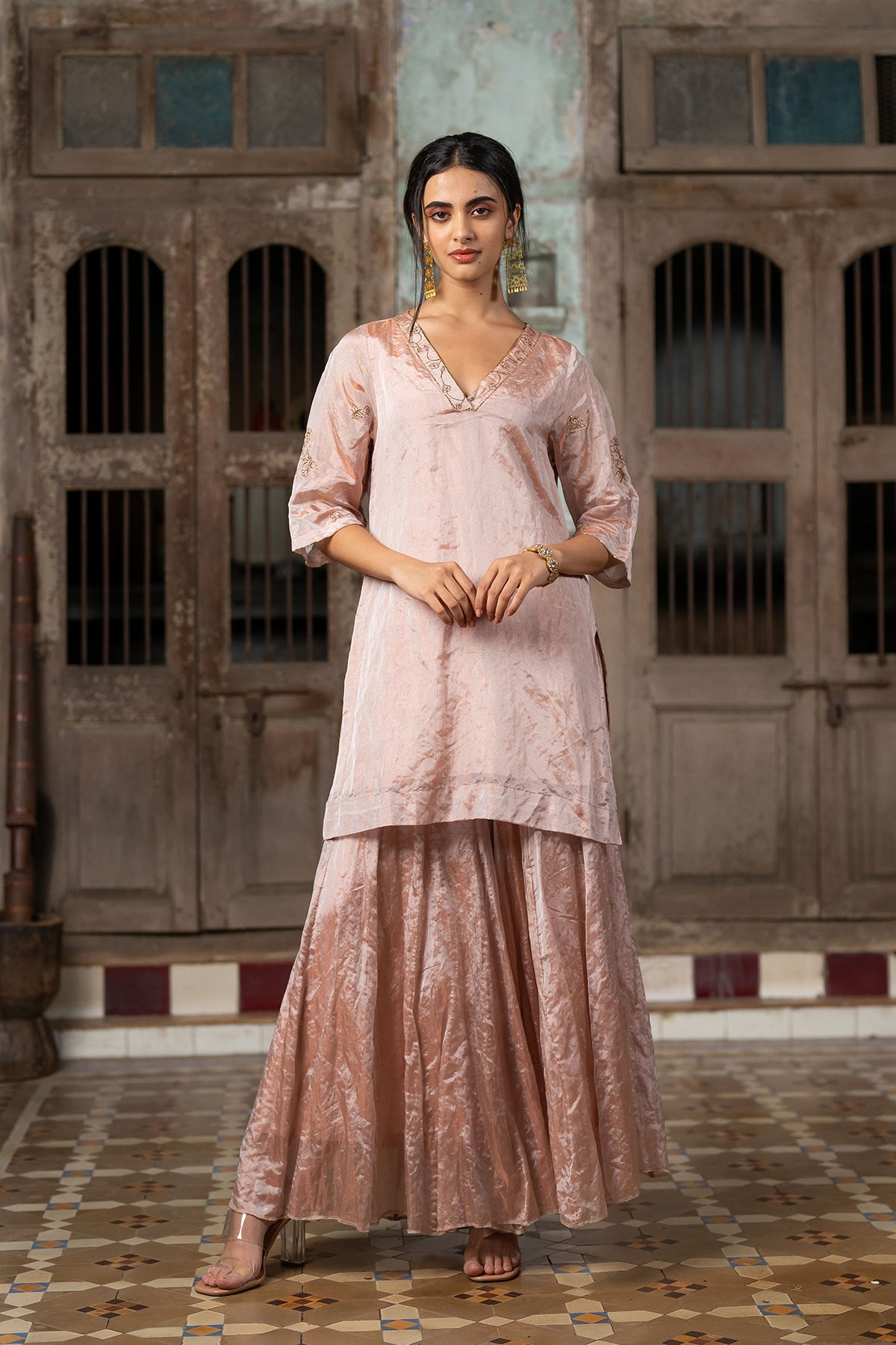Roohi Tissue V- neck short kurta with sharara - Rose Gold