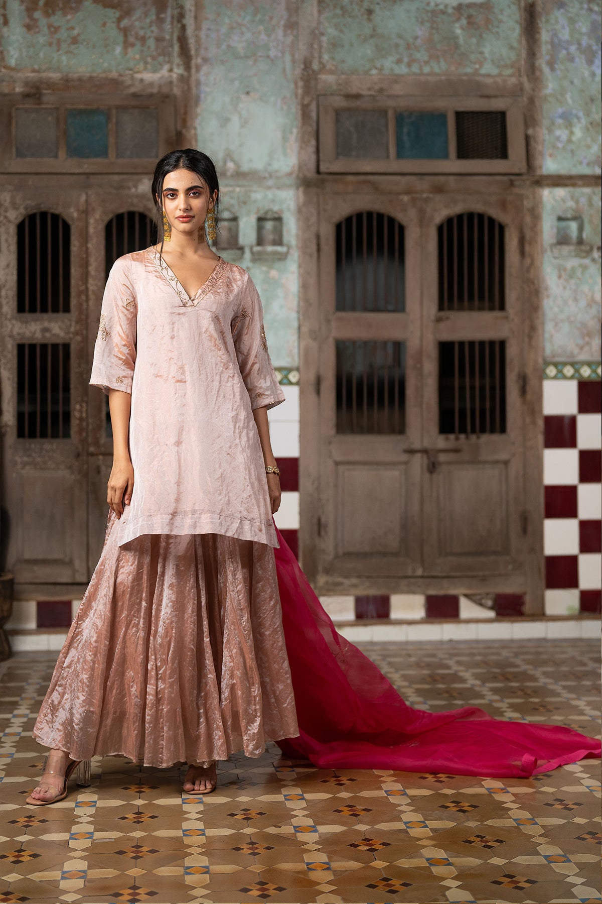 Roohi Tissue V- neck short kurta with sharara - Rose Gold