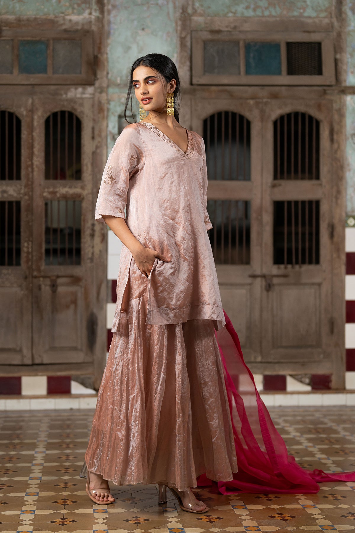 Roohi Tissue V- neck short kurta with sharara - Rose Gold