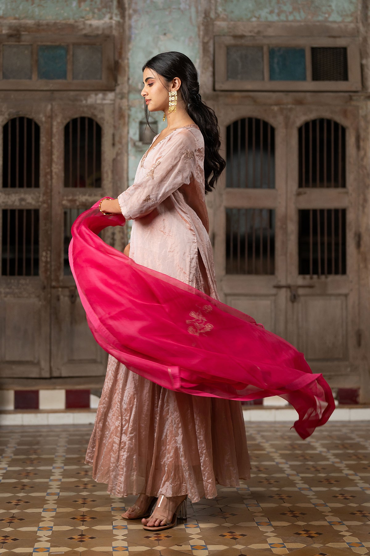 Roohi Tissue V- neck short kurta with sharara - Rose Gold