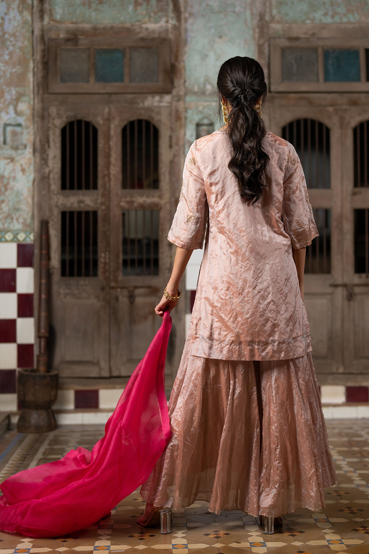 Roohi Tissue V- neck short kurta with sharara - Rose Gold