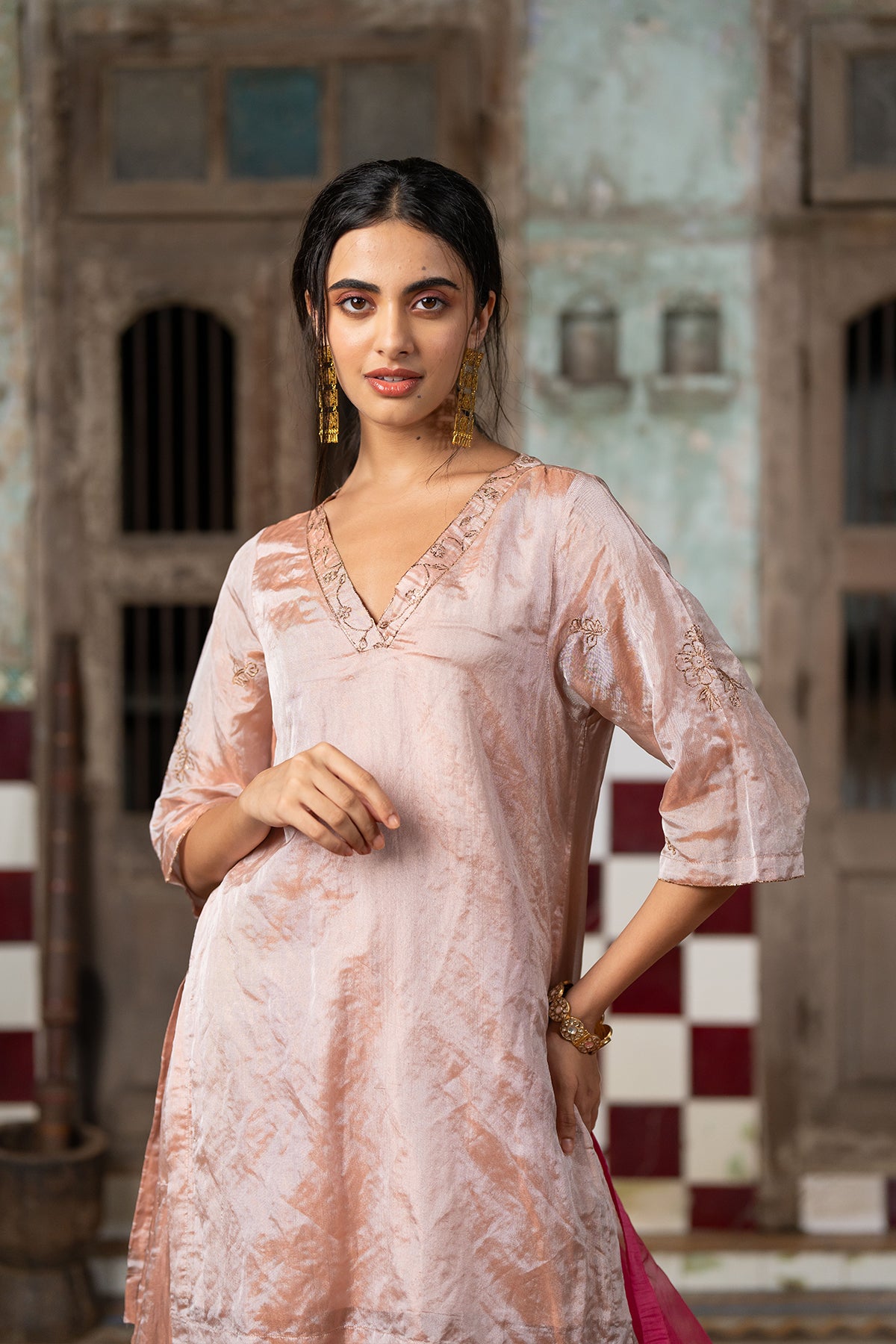 Roohi Tissue V- neck short kurta with sharara - Rose Gold