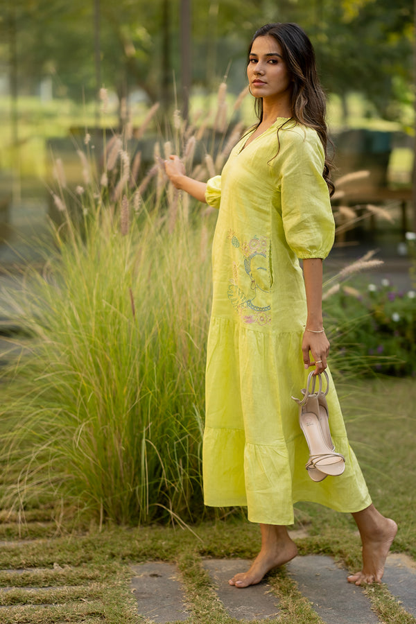 Rosa Linen Raglan Dress with Pockets - Lime