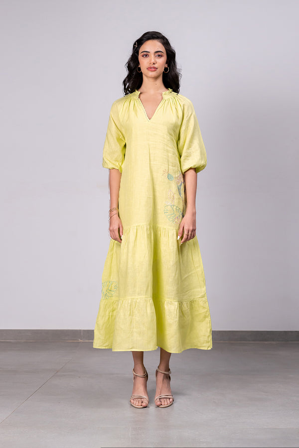 Rosa Linen Raglan Dress with Pockets - Lime