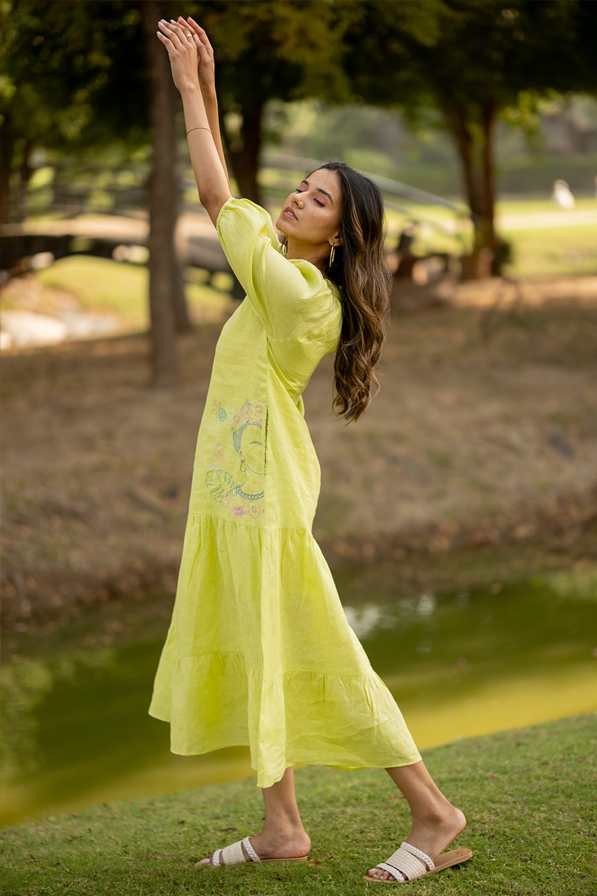 Rosa Linen Raglan Dress with Pockets - Lime