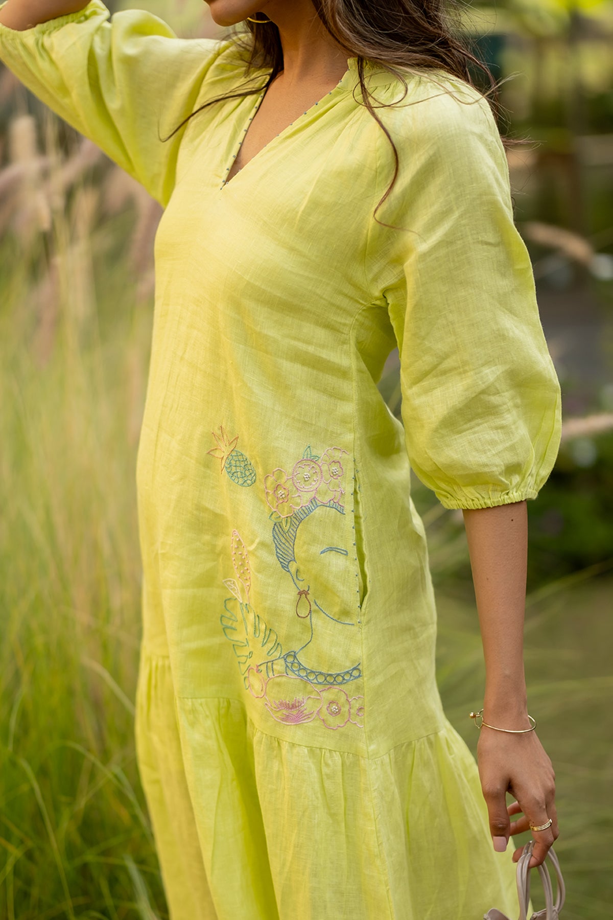 Rosa Linen Raglan Dress with Pockets - Lime