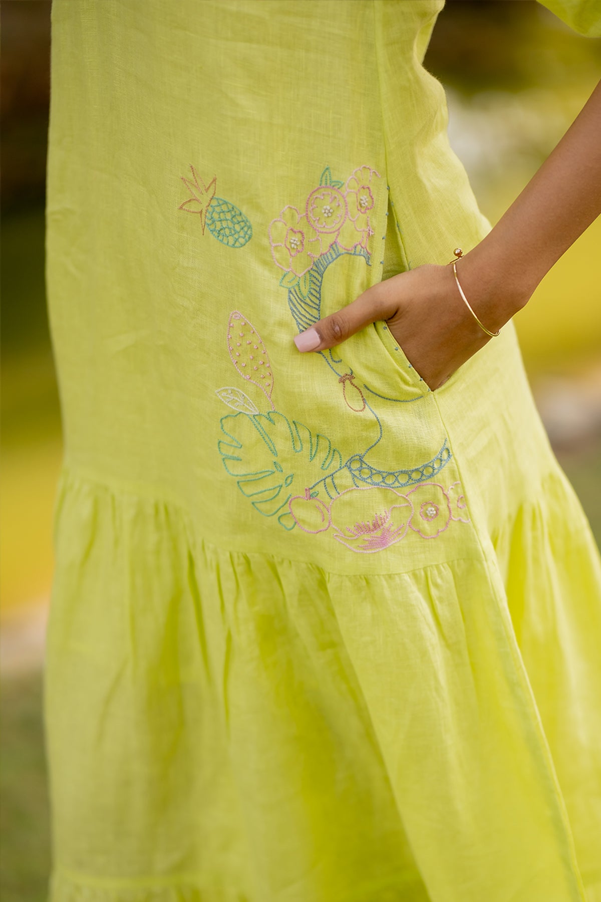 Rosa Linen Raglan Dress with Pockets - Lime