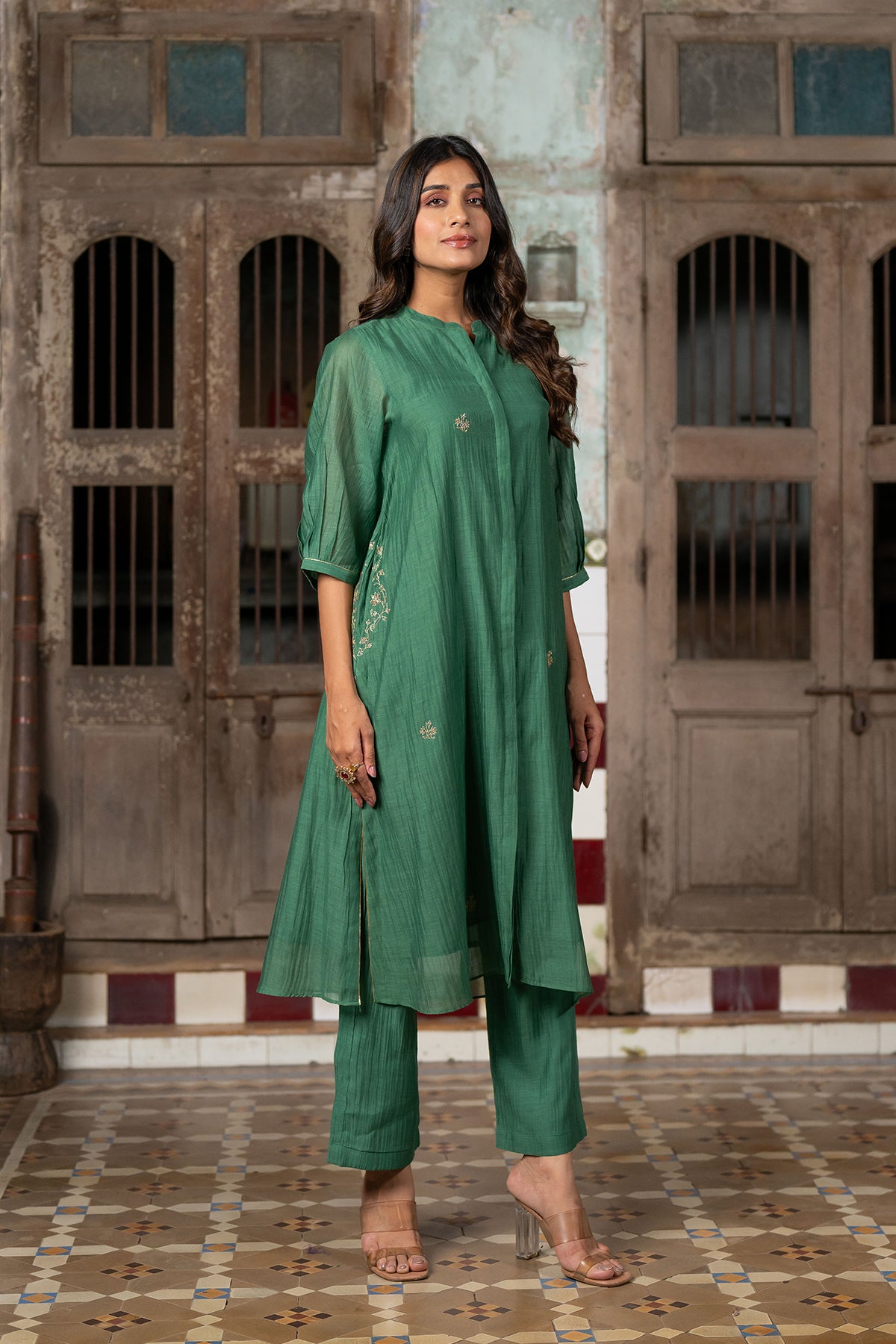 Roshan Chanderi Silk Button Kurta and Pants - Green