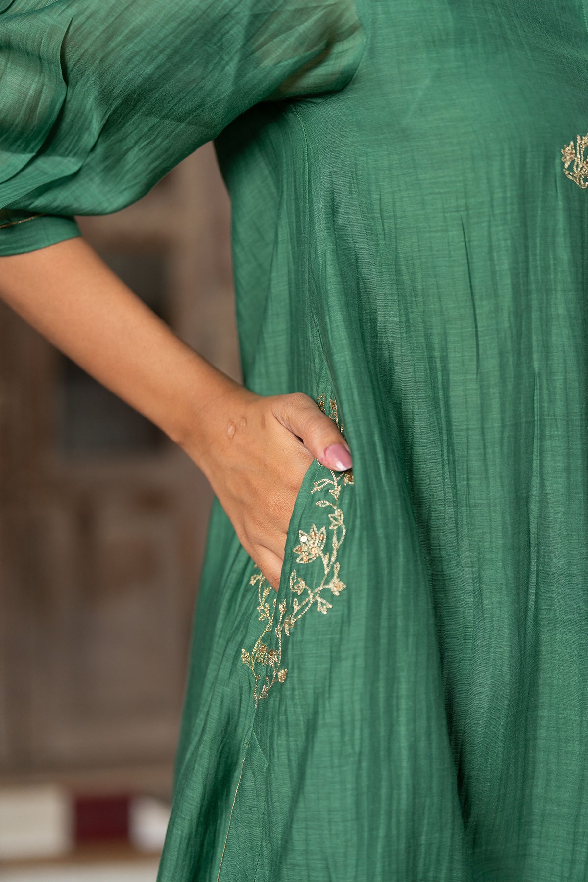 Roshan Chanderi Silk Button Kurta and Pants - Green